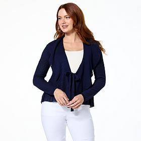 Nina Leonard Long Sleeve Ruffle Front Knit Cardigan