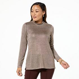 Nina Leonard Novelty Foil Knit Mock-Neck Top