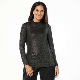 Nina Leonard Novelty Foil Knit Mock-Neck Top
