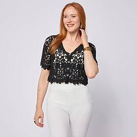 Nina Leonard Open Crochet Elbow-Sleeve Bolero Top
