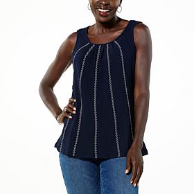 Nina Leonard Pebbled Knit Tank Top with Embroidery