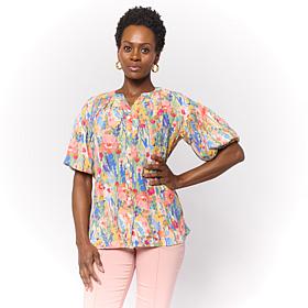 Nina Leonard Print Textured Wave Bubble-Sleeve Shirt
