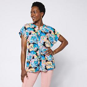 Nina Leonard Printed Button-Front Tie Waist Top