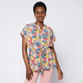 Nina Leonard Printed Button-Front Tie Waist Top
