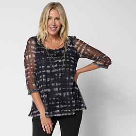 Nina Leonard Printed Mesh Knit Sequin Top with Detachable Necklace