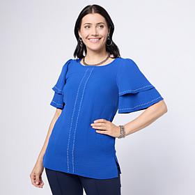 Nina Leonard Round Neck Double Flutter Sleeve Top