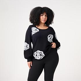 Nina Leonard Round Neck Sweater with 3D Flowers