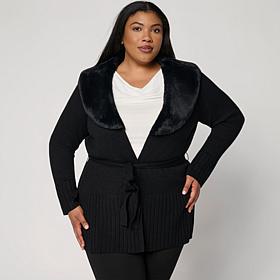 Nina Leonard Sweater Cardigan with Faux Fur Collar