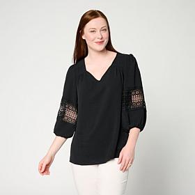 Nina Leonard Textured Wave Balloon Sleeve V-Neck Top