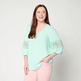 Nina Leonard Textured Wave Balloon Sleeve V-Neck Top
