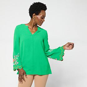 Nina Leonard Textured Wave Knit Embroidered Bell-Sleeve Top