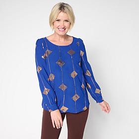 Nina Leonard Textured Wave Sequined Balloon Sleeve Top