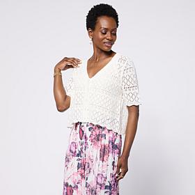 Nina Leonard V-Neck Button-Front Crochet Bolero