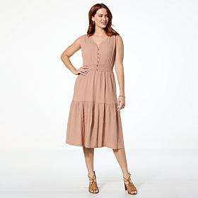 Nina Leonard V-Neck Smocked Waist Pebble Tiered Dress