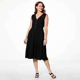 Nina Leonard V-Neck Smocked Waist Pebble Tiered Dress