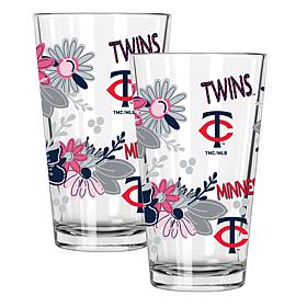 Official MLB Flower-Design & Logo 16oz Pint Glass 2pk- Minnesota Twins