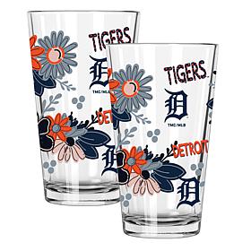 Official MLB Flower-Design & Logo 16oz Pint Glass 2pk - Detroit Tigers