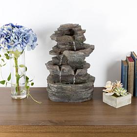 Pure Garden Tiered Tabletop Water Fountain w/ Rock Waterfall & Lights 