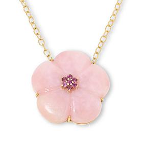 Rarities Carved Pink Opal and Tourmaline Flower Pendant Necklace