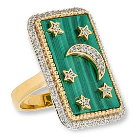 Rarities Gold-Plated Malachite and Zircon Rectangular Celestial Ring