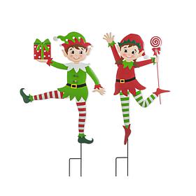Set of 2 Christmas Metal Dancing Elf Yard Stake or Wall Decor