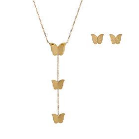 Stately Steel Butterfly Lariat Necklace and Stud Earring Set