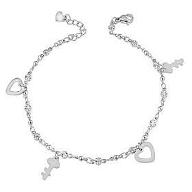 Stately Steel Crystal Heart and Key Dangle Anklet