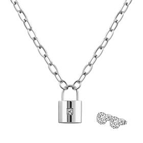 Stately Steel CZ Padlock Necklace and CZ Stud Earring Set