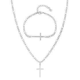 Stately Steel Double Layer Cross Necklace and Bracelet
