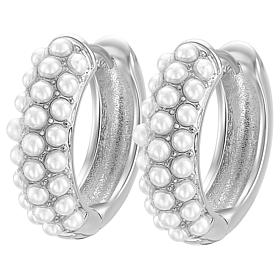Stately Steel Half Small Faux Pearl Hoop Earrings