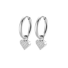 Stately Steel Heart CZ Charm Huggie Earrings
