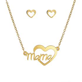 Stately Steel Heart "Mama" Necklace and Heart Stud Earrings Set