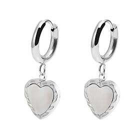 Stately Steel Mother-of-Pearl Hoop Heart Drop Earrings