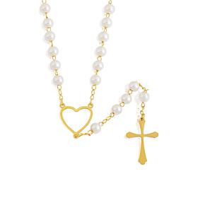 Stately Steel Pearl Heart Cross Rosary Necklace