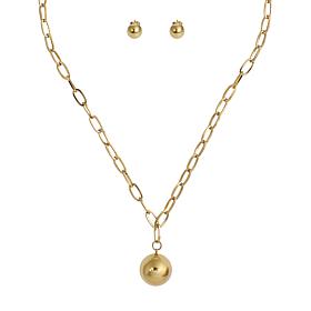 Stately Steel Polished Ball Oval Link Chain Necklace and Earring Set