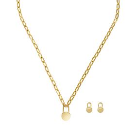 Stately Steel Round Padlock Chain Necklace and Earring Set