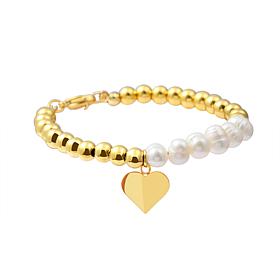 Stately Steel Simulated Pearl Beaded Heart Drop 7" Bracelet