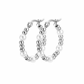 Stately Steel Stainless Steel Simulated Pearl Bead Hoop Earrings