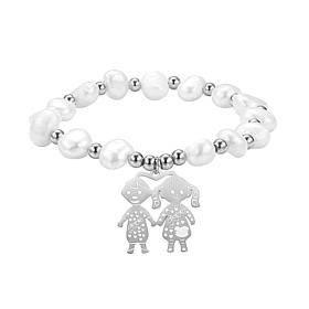 Stately Steel Stainless Steel Simulated Pearl Boy and Girl Bracelet