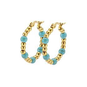 Stately Steel Stainless Steel Turquoise Bead Hoop Earrings