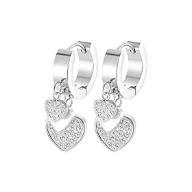 Stately Steel Triple Heart CZ Charm Huggie Earrings