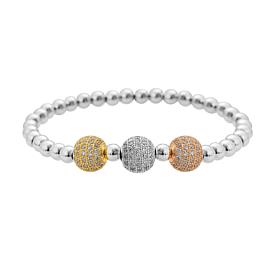 Stately Steel Triple Pavé Ball Beaded Stretch Bracelet