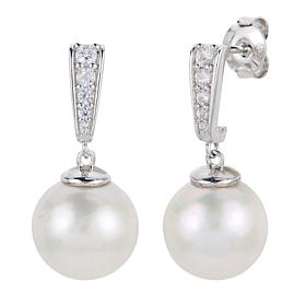 Sterling Silver 10-11mm Cultured Pearl and Created Sapphire Earrings