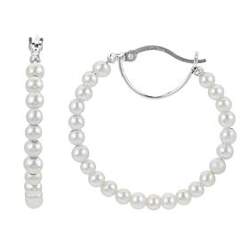 Sterling Silver 3-3.5mm Cultured Freshwater Pearl 30mm Hoop Earrings