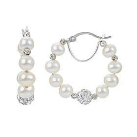 Sterling Silver 5-5.5mm Cultured Pearl and Crystal Bead Hoop Earrings