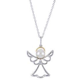 Sterling Silver and 10K  Cultured Pearl and Diamond Angel Necklace