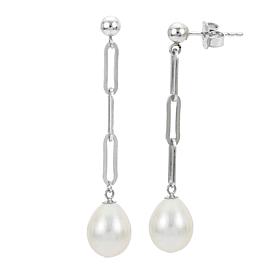 Sterling Silver Cultured Pearl Paperclip Chain Dangle Earrings