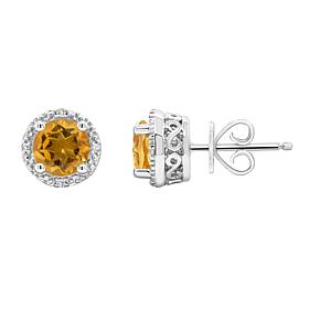 Sterling Silver Gemstone and Diamond Round Stud Earrings