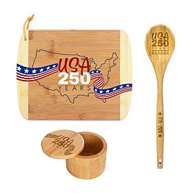 Totally Bamboo "USA 250 Years" Spoon, Salt Cellar Box & Cutting Board