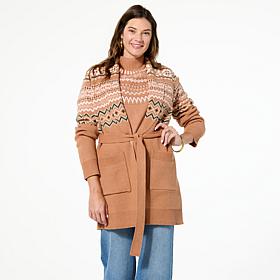 Tower Hill by Christie Brinkley Fair Isle Sweater Knit Belted Coatigan